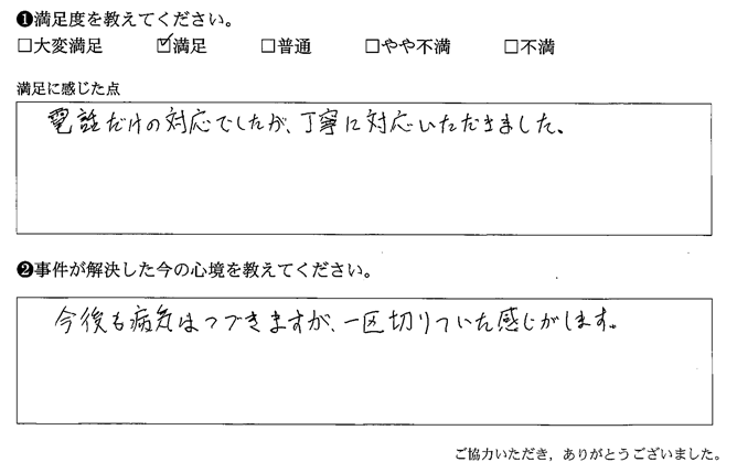 電話だけの対応でしたが、丁寧に対応いただきました