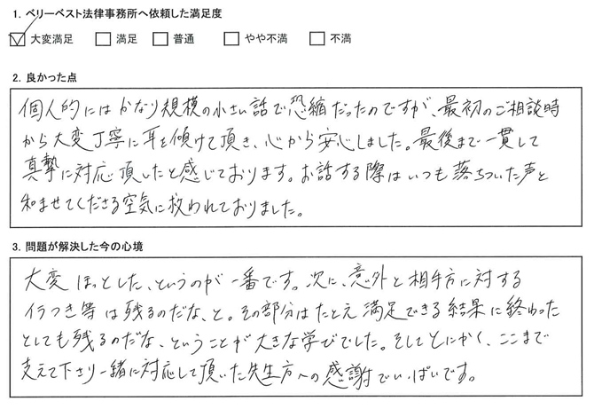 最初のご相談時から大変丁寧に耳を傾けて頂き、心から安心しました