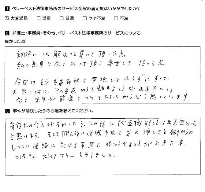 退職手続き等の煩わしさと相手からのしつこい連絡に応じる事無く、終わらせることが出来た